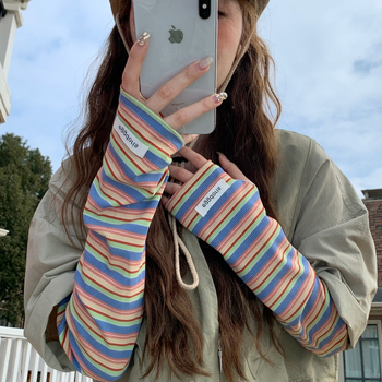 Дамски слънцезащитни ръкави с райета в корейски стил, охлаждащи за шофиране и каране, UV защита, акрилен материал