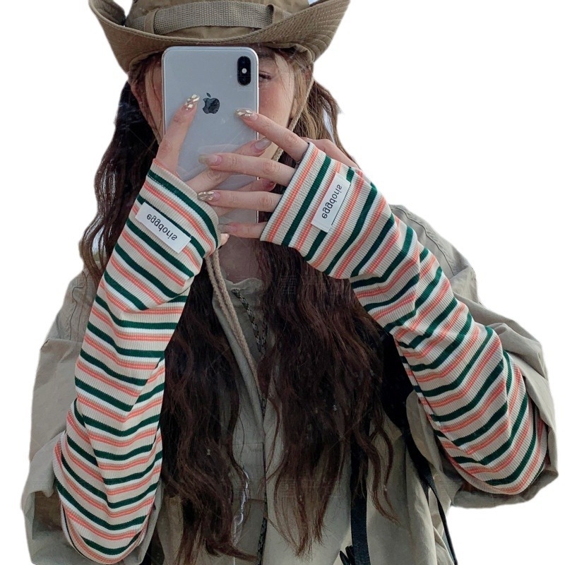 Дамски слънцезащитни ръкави с райета в корейски стил, охлаждащи за шофиране и каране, UV защита, акрилен материал