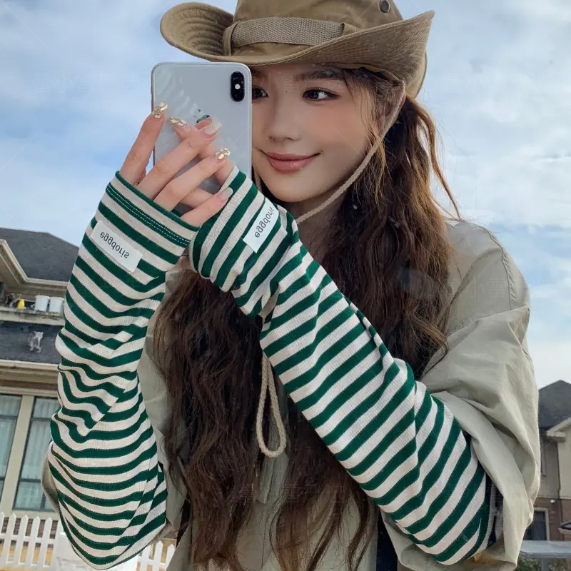 Дамски слънцезащитни ръкави с райета в корейски стил, охлаждащи за шофиране и каране, UV защита, акрилен материал