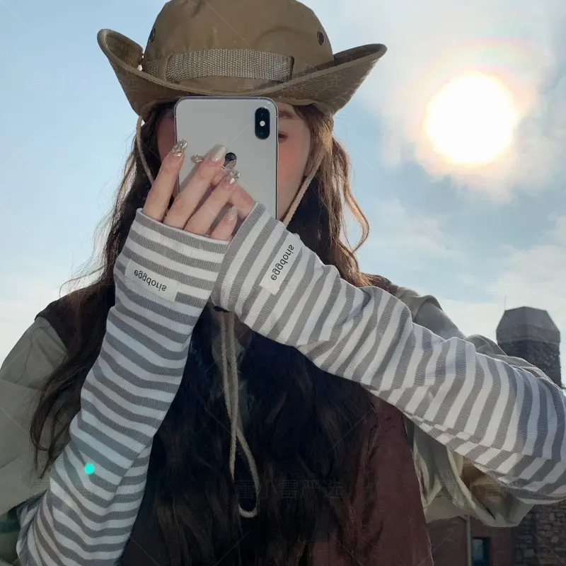 Дамски слънцезащитни ръкави с райета в корейски стил, охлаждащи за шофиране и каране, UV защита, акрилен материал