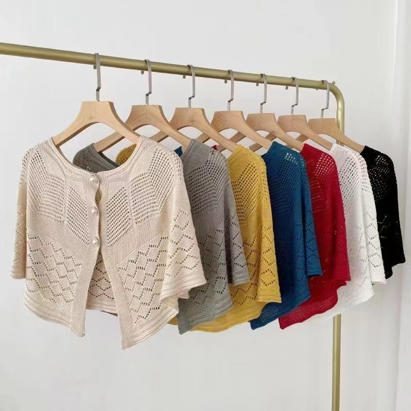 Šal od Ice Silk s tri bisernimi gumbima, prozračna mrežasta pletenina, uski kroj za žene