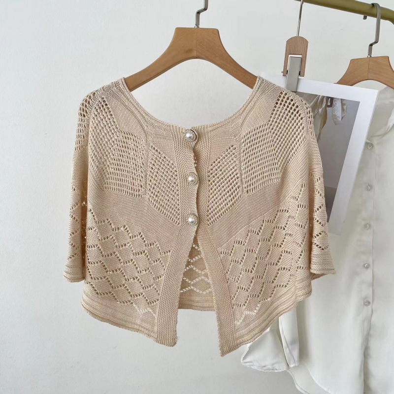 Šal od Ice Silk s tri bisernimi gumbima, prozračna mrežasta pletenina, uski kroj za žene