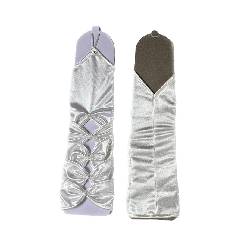 Līgavas cimdi kleitai - izgriezti paneļi, bez pirkstiem, elastīgi, vidēja garuma, pērļu izšuvums