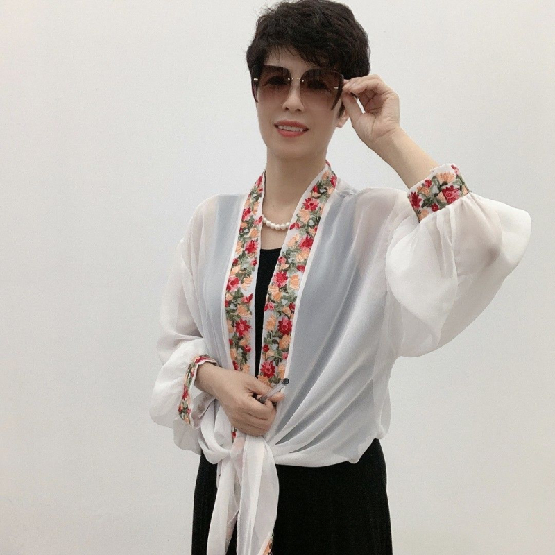 Șal brodat pentru protecție solară, pentru femei, cu mâneci late din chiffon