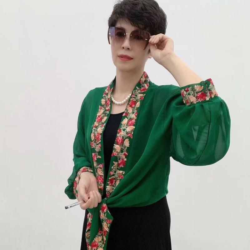 Șal brodat pentru protecție solară, pentru femei, cu mâneci late din chiffon