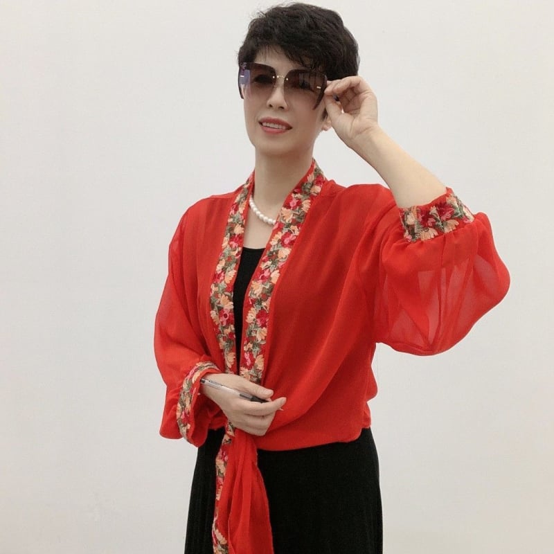 Șal brodat pentru protecție solară, pentru femei, cu mâneci late din chiffon