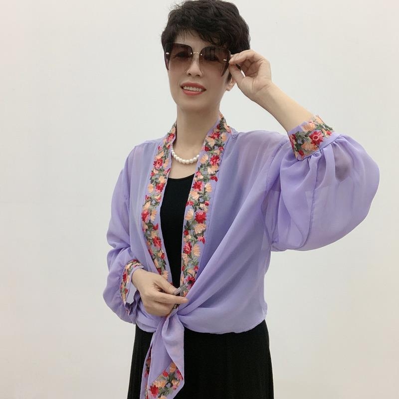 Șal brodat pentru protecție solară, pentru femei, cu mâneci late din chiffon