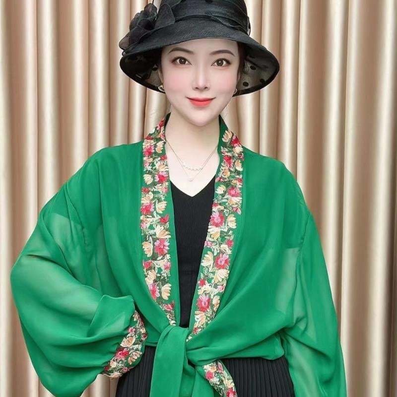 Șal brodat pentru protecție solară, pentru femei, cu mâneci late din chiffon