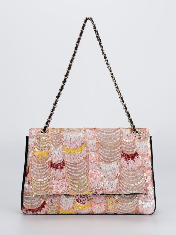 Pečių rankinė siuvinėjimu ir karoliukais, medvilnės ir lino audinys, horizontali stačiakampio siluet, vidinė užtrauktuko kišenė