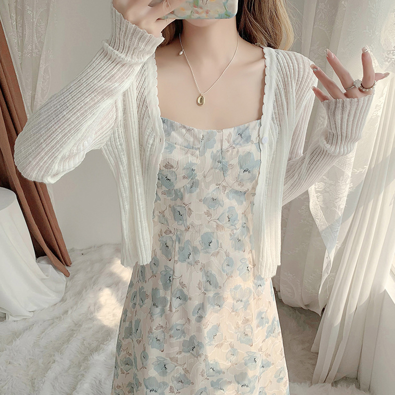 UV aizsargājošs īss kardigans sievietēm, garums 40–50 cm, viegls ice-silk adījums, garas piedurknes, vienas pogas aizdare, UPF40+, vasaras modelis.