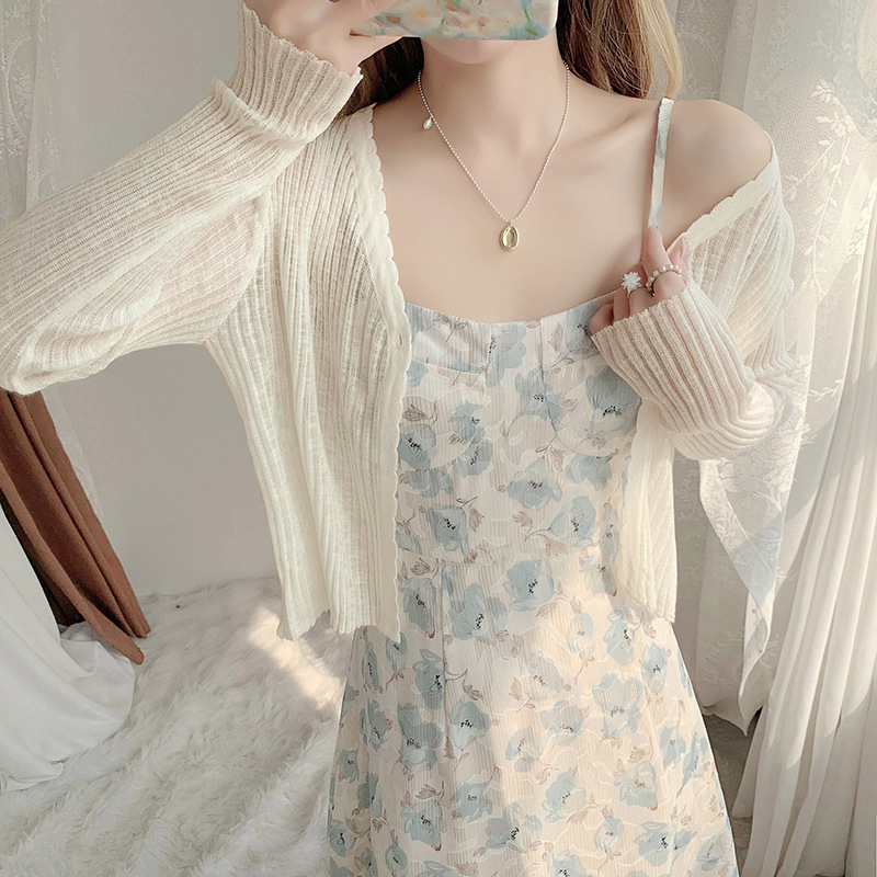 UV aizsargājošs īss kardigans sievietēm, garums 40–50 cm, viegls ice-silk adījums, garas piedurknes, vienas pogas aizdare, UPF40+, vasaras modelis.