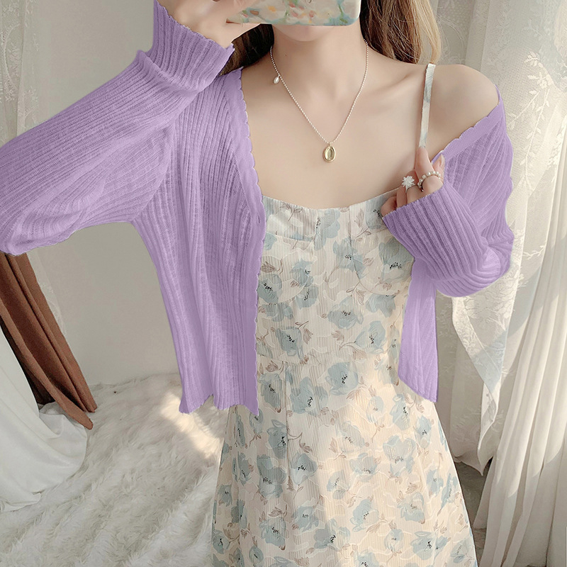 UV aizsargājošs īss kardigans sievietēm, garums 40–50 cm, viegls ice-silk adījums, garas piedurknes, vienas pogas aizdare, UPF40+, vasaras modelis.