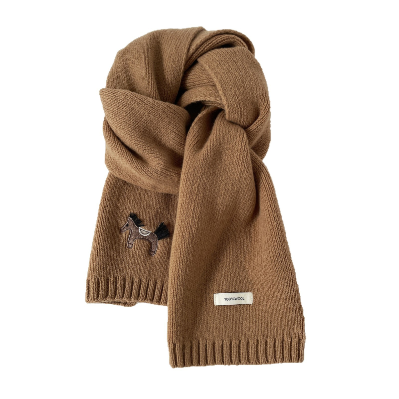 Vuneni šal s izvezenim motivom konjske glave – 100% vuna, zimski stil, srednje dug, svježi i slatki izgled