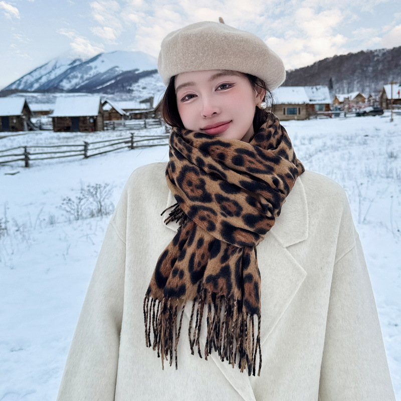 Леопардов шал за жени, топъл Warp трикотаж, полиестер имитационен кашмир, четири сезона