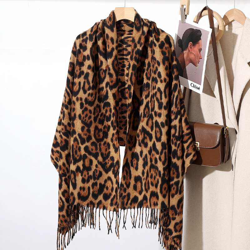 Леопардов шал за жени, топъл Warp трикотаж, полиестер имитационен кашмир, четири сезона