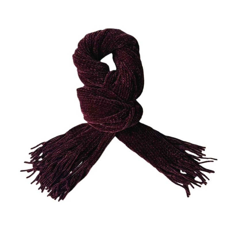 Дамски зимен Chenille плетен шал – текстуриран модел с пискюли, акрилово влакно 71–80%, запазва топлината