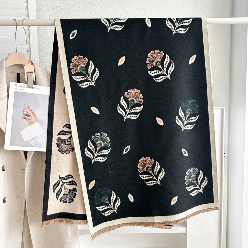 Unisex šal s warp-pletenjem, poliester vlakno, dojam imitacije kašmira, otisnuti dekor, japansko-korejski stil, pogodan za zimu, proljeće i jesen.