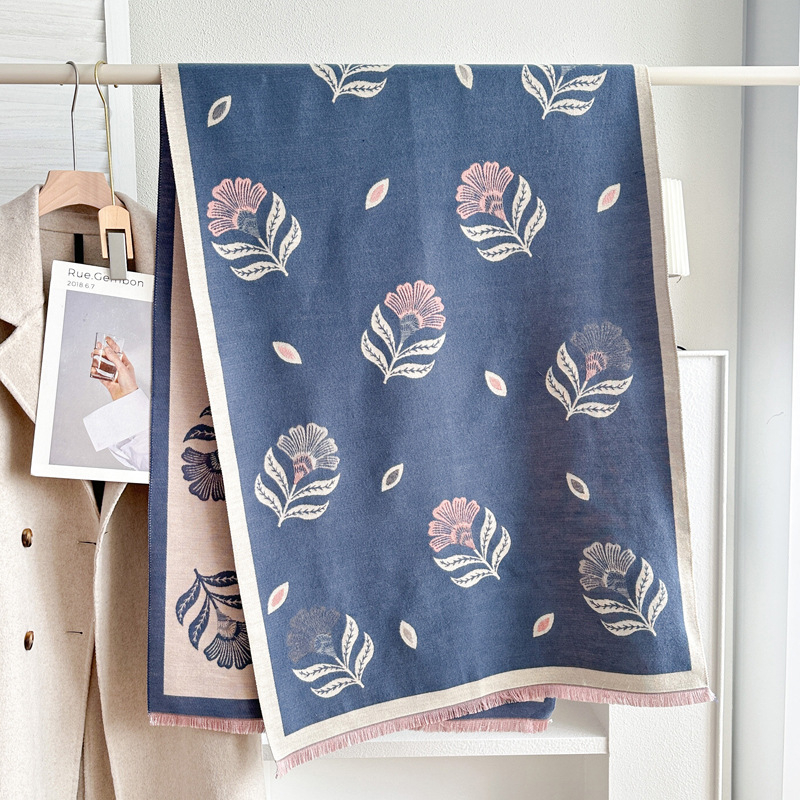 Unisex šal s warp-pletenjem, poliester vlakno, dojam imitacije kašmira, otisnuti dekor, japansko-korejski stil, pogodan za zimu, proljeće i jesen.