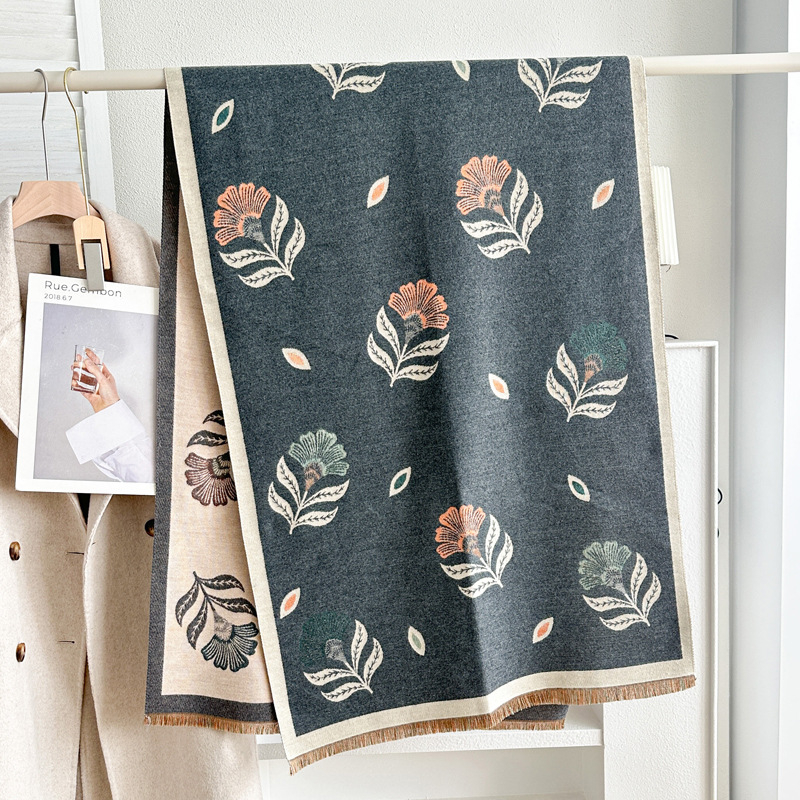 Unisex šal s warp-pletenjem, poliester vlakno, dojam imitacije kašmira, otisnuti dekor, japansko-korejski stil, pogodan za zimu, proljeće i jesen.