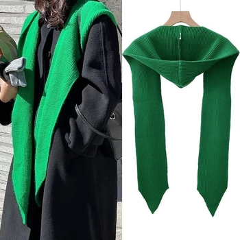 Ženski integrirani šal-kapa: mješavina materijala, twill pletenje, jednobojni uzorak, toplo, japansko-korejski stil