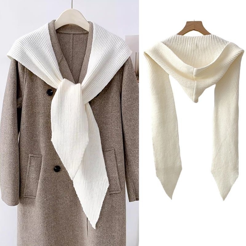 Ženski integrirani šal-kapa: mješavina materijala, twill pletenje, jednobojni uzorak, toplo, japansko-korejski stil