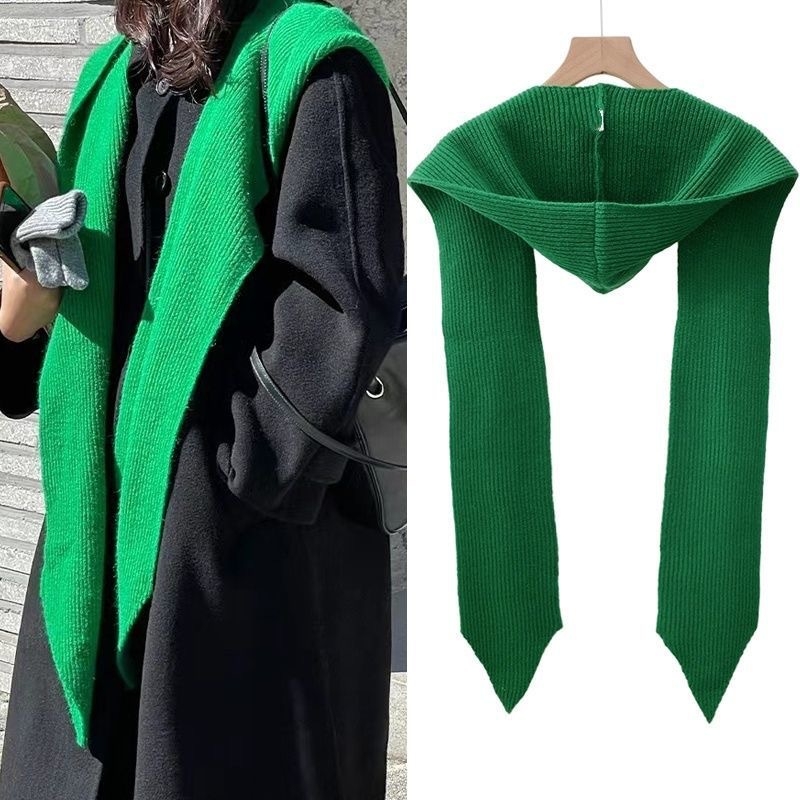 Ženski integrirani šal-kapa: mješavina materijala, twill pletenje, jednobojni uzorak, toplo, japansko-korejski stil