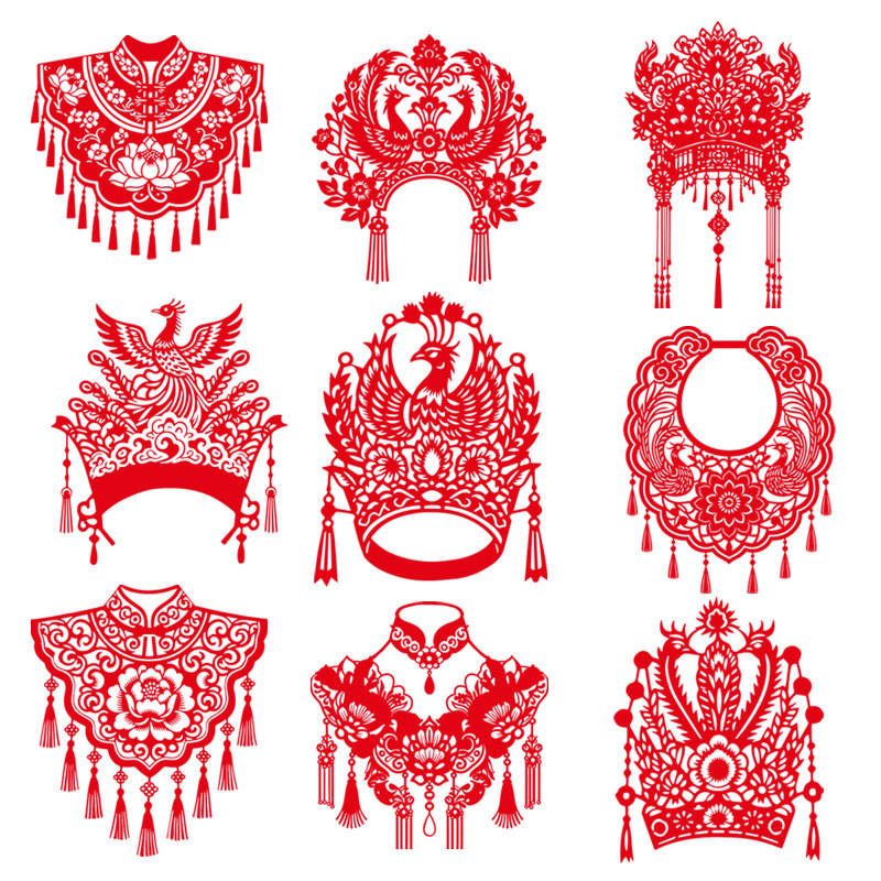 Rankų darbo popieriaus karpymo meno kūrinys, kinų stiliaus motyvais: gėlės, paukščiai, zodiakas, vaisiai; lango dekoras pavasario šventei