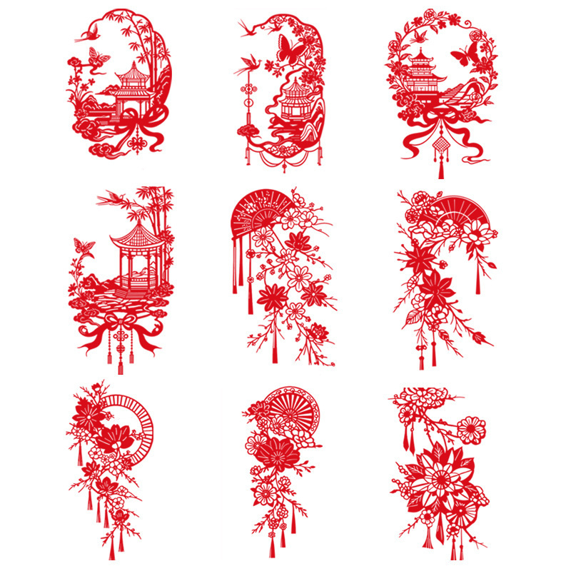 Rankų darbo popieriaus karpymo meno kūrinys, kinų stiliaus motyvais: gėlės, paukščiai, zodiakas, vaisiai; lango dekoras pavasario šventei