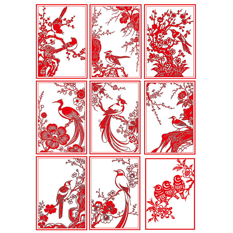 Rankų darbo popieriaus karpymo meno kūrinys, kinų stiliaus motyvais: gėlės, paukščiai, zodiakas, vaisiai; lango dekoras pavasario šventei