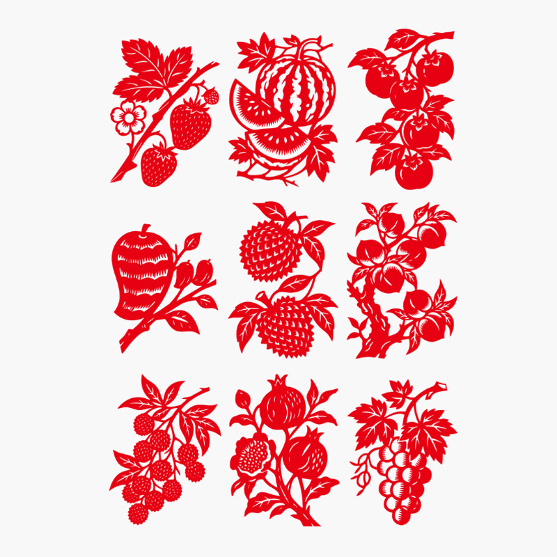 Rankų darbo popieriaus karpymo meno kūrinys, kinų stiliaus motyvais: gėlės, paukščiai, zodiakas, vaisiai; lango dekoras pavasario šventei