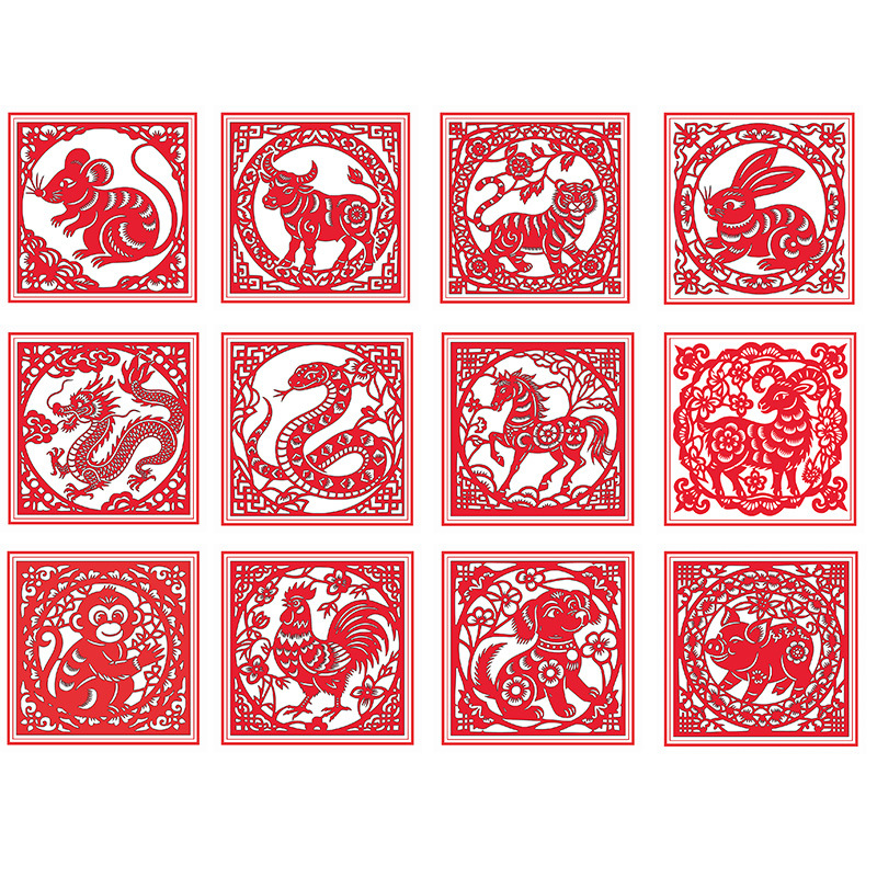 Rankų darbo popieriaus karpymo meno kūrinys, kinų stiliaus motyvais: gėlės, paukščiai, zodiakas, vaisiai; lango dekoras pavasario šventei