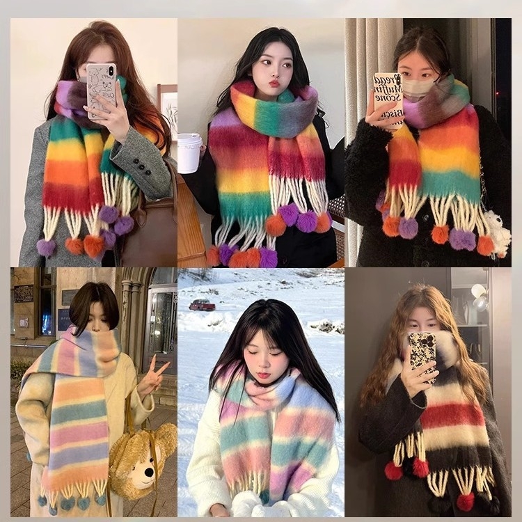 Ručni šal s pompon kuglicama i prugama, warp pletenje, imitacija kašmira, zimski stil