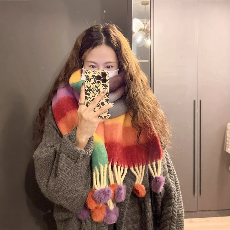 Ručni šal s pompon kuglicama i prugama, warp pletenje, imitacija kašmira, zimski stil