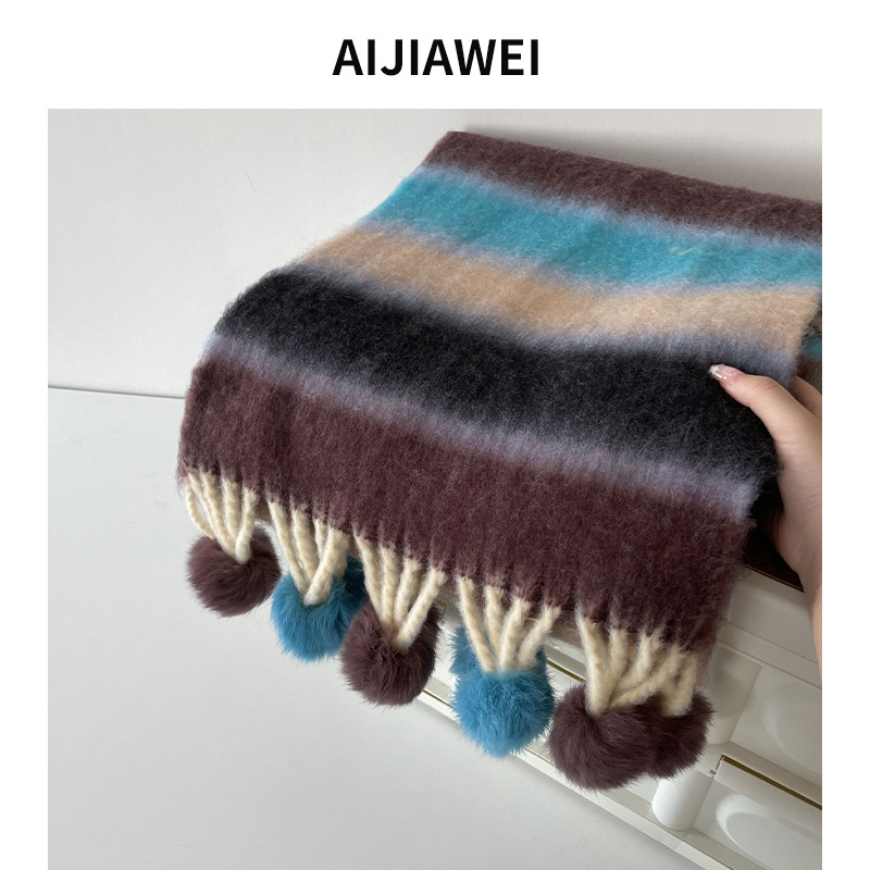 Ručni šal s pompon kuglicama i prugama, warp pletenje, imitacija kašmira, zimski stil