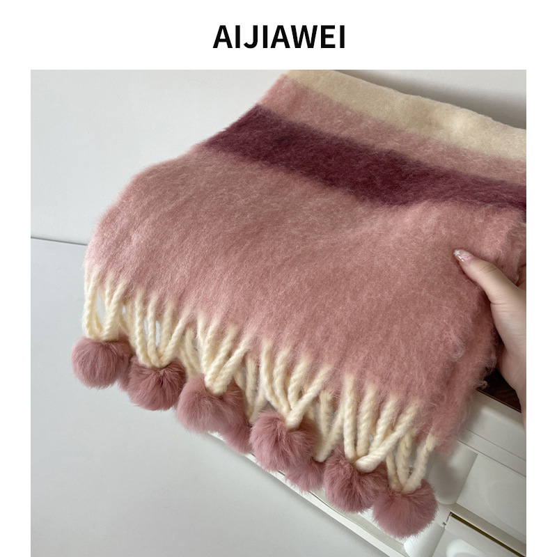 Ručni šal s pompon kuglicama i prugama, warp pletenje, imitacija kašmira, zimski stil