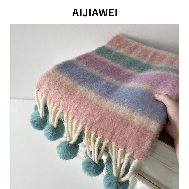 Ručni šal s pompon kuglicama i prugama, warp pletenje, imitacija kašmira, zimski stil