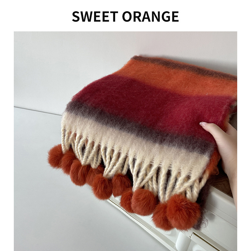 Ručni šal s pompon kuglicama i prugama, warp pletenje, imitacija kašmira, zimski stil