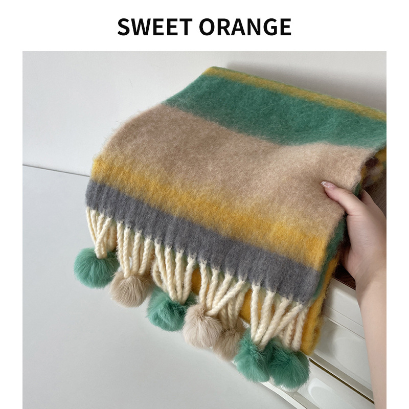 Ručni šal s pompon kuglicama i prugama, warp pletenje, imitacija kašmira, zimski stil