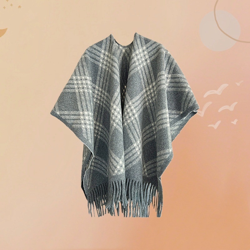 Ženski karirani šal-kap s resicama, umjetni kašmir, warp pletenje, širina 105 cm, zadržava toplinu, elegantan srednje dug