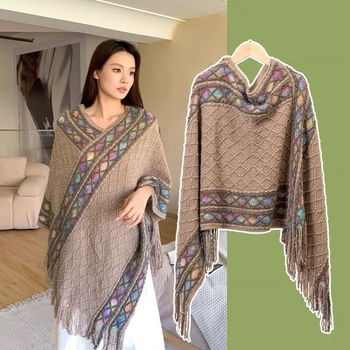 Pleteni šal od poliestera, retro-etnički stil, jacquard tkanje, uzorak usklađivanja boja, proljeće 2025