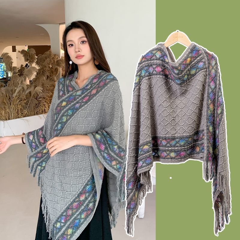 Pleteni šal od poliestera, retro-etnički stil, jacquard tkanje, uzorak usklađivanja boja, proljeće 2025