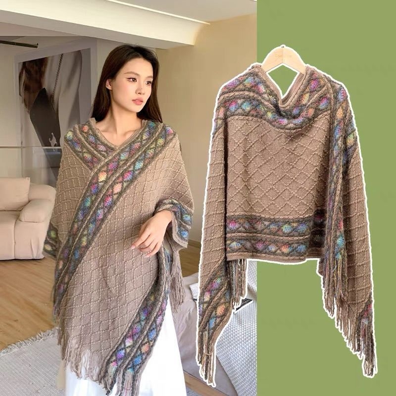 Pleteni šal od poliestera, retro-etnički stil, jacquard tkanje, uzorak usklađivanja boja, proljeće 2025