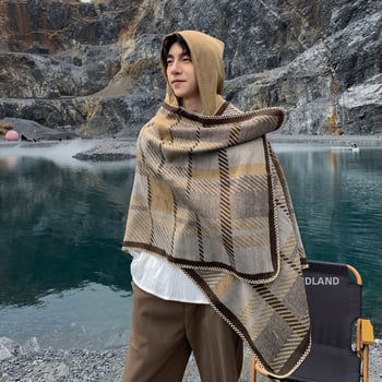 Kapucňový plášť s károvým vzorom, imitácia kašmíru, Jacquard pletenie, udržiava teplo