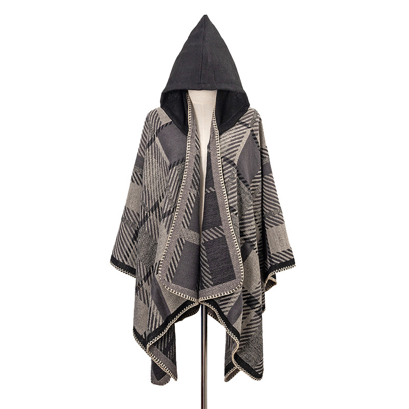 Качулково наметало с каре шарка, имитационен кашмир, жакардов плет, запазва топлината