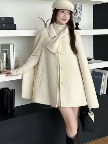 Γυναικείο παλτό από μαλλί με κάπα, 95%+ μαλλί, στρογγυλός λαιμός, μακριά μανίκια, μεσαίου μήκους, χειροποίητο ραμμένο, στυλ πριγκίπισσας, φθινόπωρο 2025