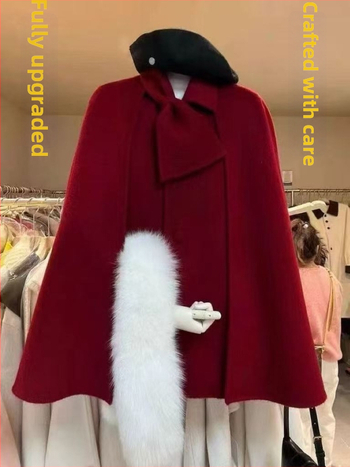 Γυναικείο παλτό από μαλλί με κάπα, 95%+ μαλλί, στρογγυλός λαιμός, μακριά μανίκια, μεσαίου μήκους, χειροποίητο ραμμένο, στυλ πριγκίπισσας, φθινόπωρο 2025