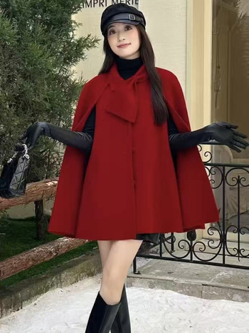 Γυναικείο παλτό από μαλλί με κάπα, 95%+ μαλλί, στρογγυλός λαιμός, μακριά μανίκια, μεσαίου μήκους, χειροποίητο ραμμένο, στυλ πριγκίπισσας, φθινόπωρο 2025