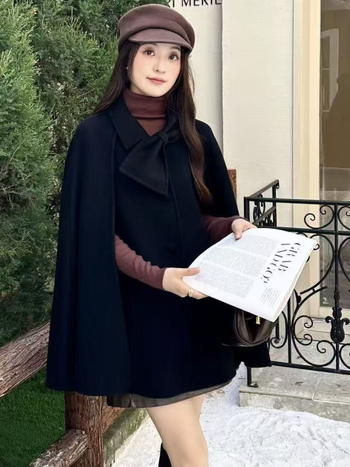 Γυναικείο παλτό από μαλλί με κάπα, 95%+ μαλλί, στρογγυλός λαιμός, μακριά μανίκια, μεσαίου μήκους, χειροποίητο ραμμένο, στυλ πριγκίπισσας, φθινόπωρο 2025