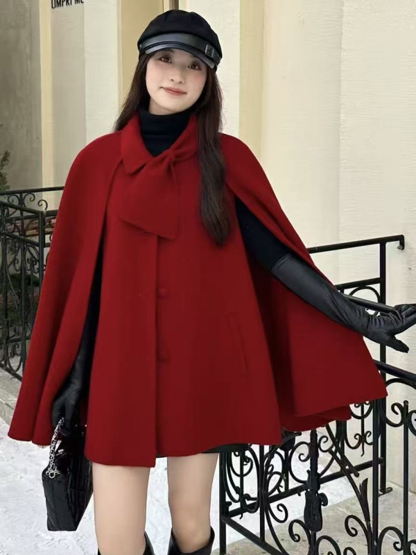 Γυναικείο παλτό από μαλλί με κάπα, 95%+ μαλλί, στρογγυλός λαιμός, μακριά μανίκια, μεσαίου μήκους, χειροποίητο ραμμένο, στυλ πριγκίπισσας, φθινόπωρο 2025