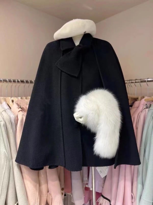 Γυναικείο παλτό από μαλλί με κάπα, 95%+ μαλλί, στρογγυλός λαιμός, μακριά μανίκια, μεσαίου μήκους, χειροποίητο ραμμένο, στυλ πριγκίπισσας, φθινόπωρο 2025